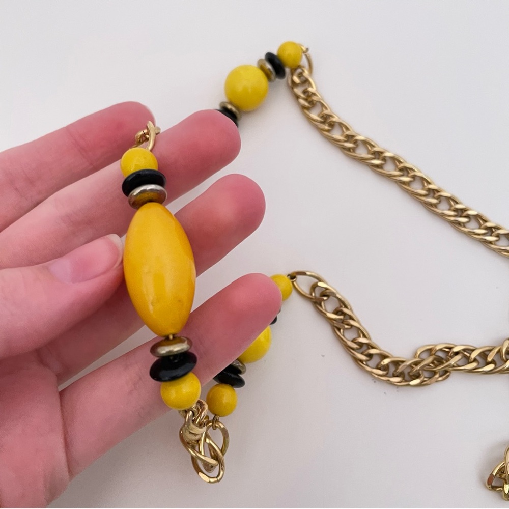 Vintage Yellow Real Wood Beaded Fall Boho Beach Summer Statement Retro Necklace - Picture 3 of 7